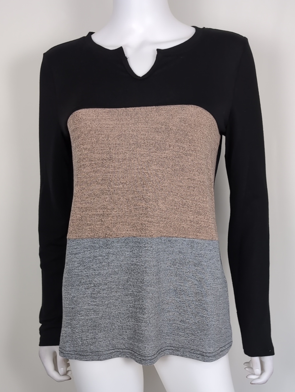 SHEIN Black Neutral Color Block Notch Neck Long Sleeve Pullover Top Size Medium